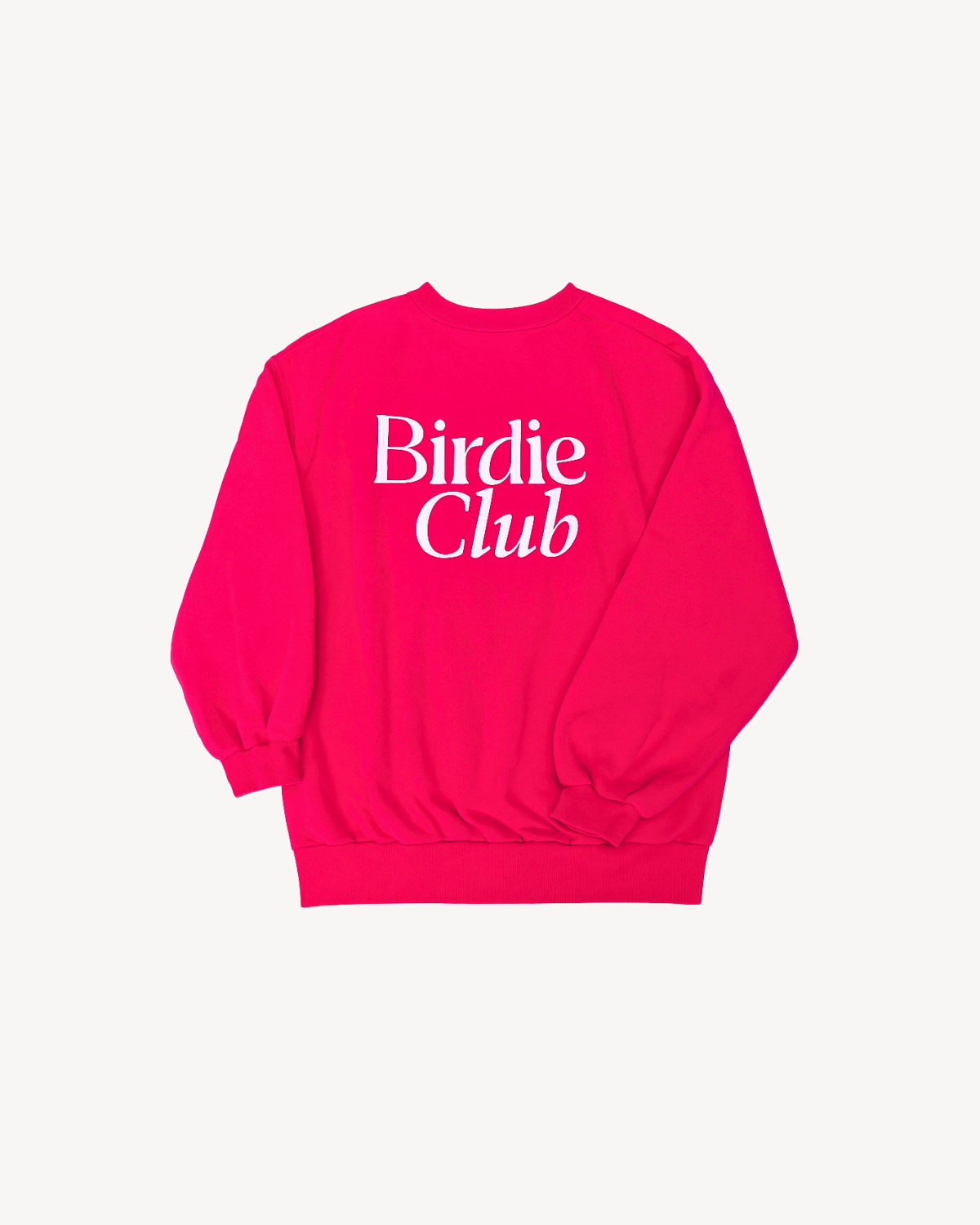 Birdie Club pink sweatshirt with 'Birdie Club' embroidered on the back, on a white background